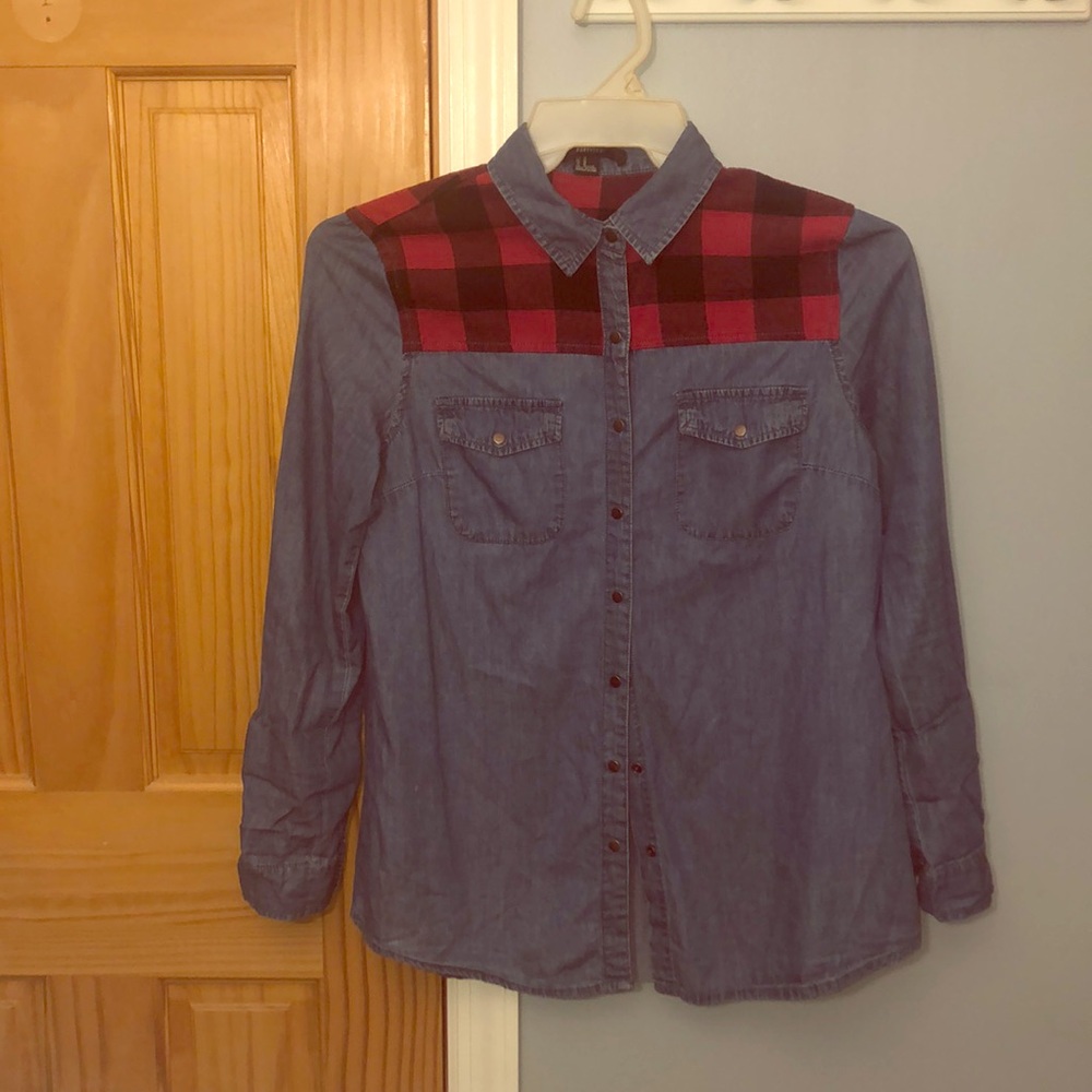 Denim Button Down With A Red Plaid Top